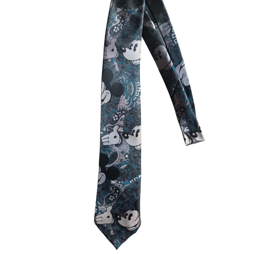 Vintage Disney Mickey Mouse Novelty Silk Tie in Teal and Black 57 Inches Long.